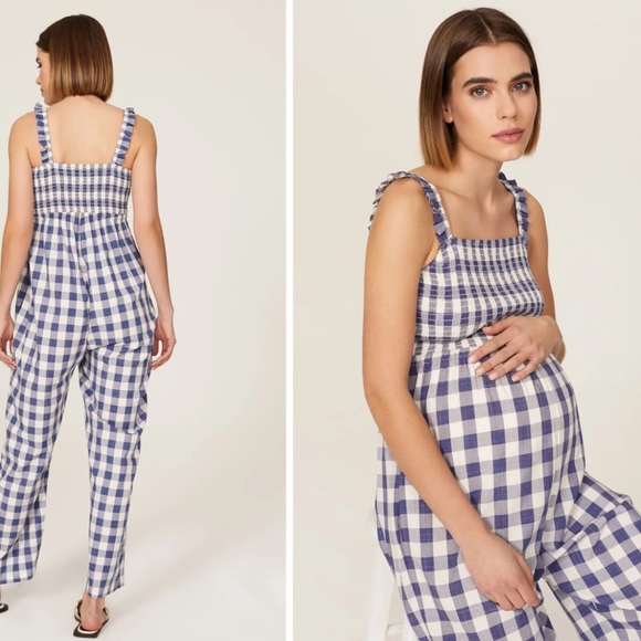 Nom Maternity Blue and White Checkered Jumpsuit - Picture 2 of 8
